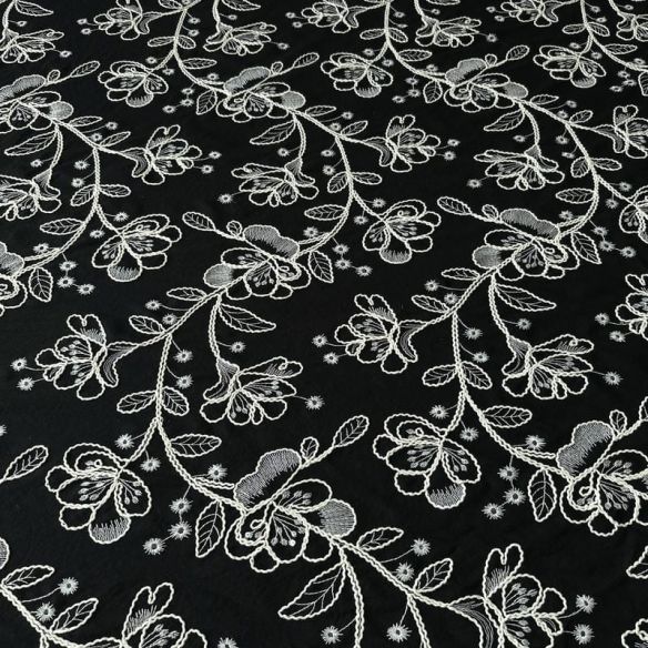 Tecido Linho Misto Bordado Preto Floral Branco • Conexão Tecidos