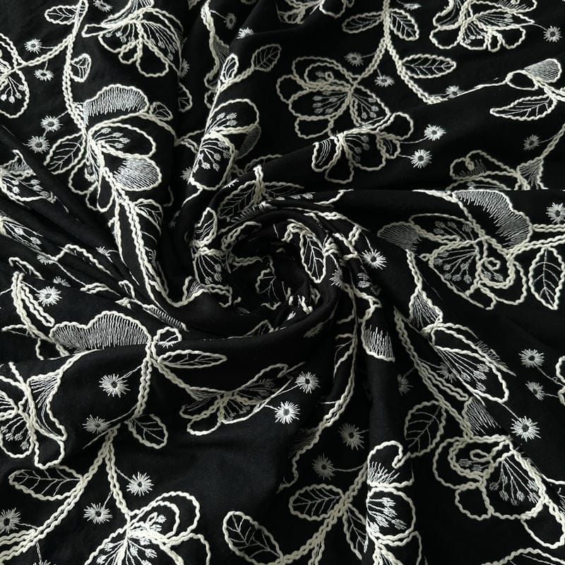 Tecido Linho Misto Bordado Preto Floral Branco • Conexão Tecidos