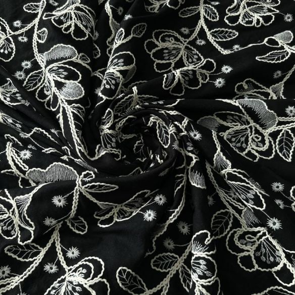 Tecido Linho Misto Bordado Preto Floral Branco • Conexão Tecidos