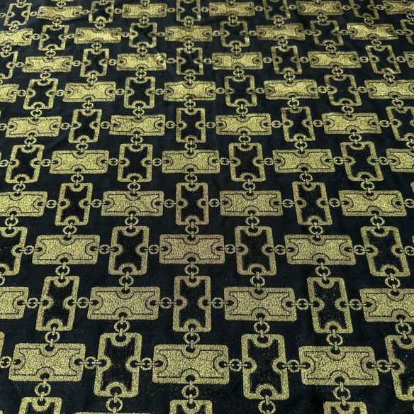Tecido Jacquard Brocado Correntes Douradas Fundo Preto • Conexão