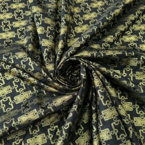 Tecido Jacquard Brocado Correntes Douradas Fundo Preto • Conexão