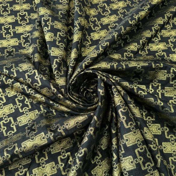Tecido Jacquard Brocado Correntes Douradas Fundo Preto • Conexão