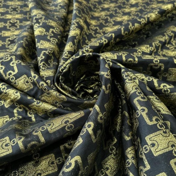 Tecido Jacquard Brocado Correntes Douradas Fundo Preto • Conexão