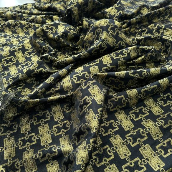 Tecido Jacquard Brocado Correntes Douradas Fundo Preto • Conexão