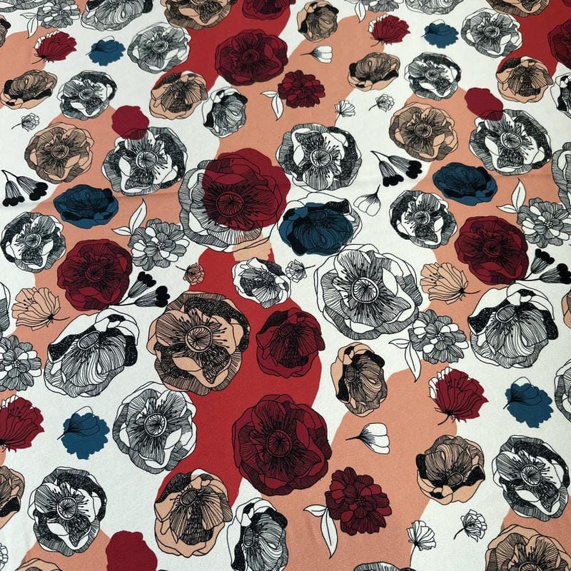 Tecido Crepe de Chine Estampado Floral Artístico • Conexão Tecidos