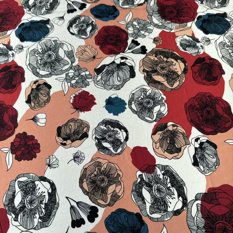 Tecido Crepe de Chine Estampado Floral Artístico • Conexão Tecidos