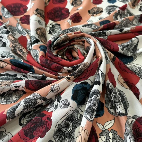 Tecido Crepe de Chine Estampado Floral Artístico • Conexão Tecidos