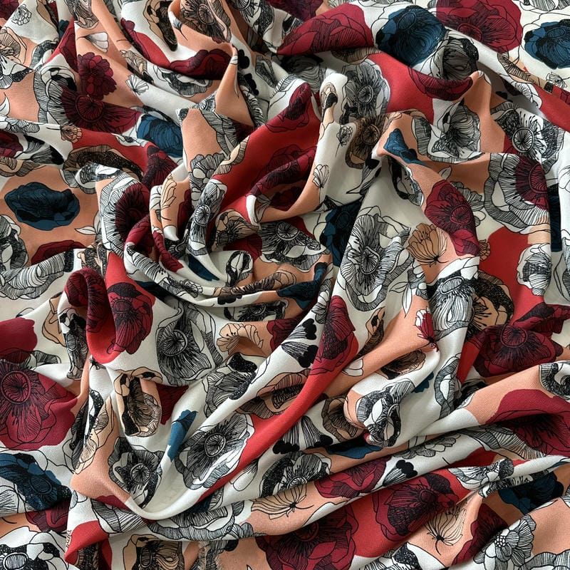 Tecido Crepe de Chine Estampado Floral Artístico • Conexão Tecidos
