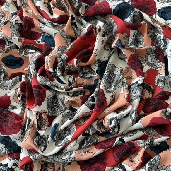 Tecido Crepe de Chine Estampado Floral Artístico • Conexão Tecidos