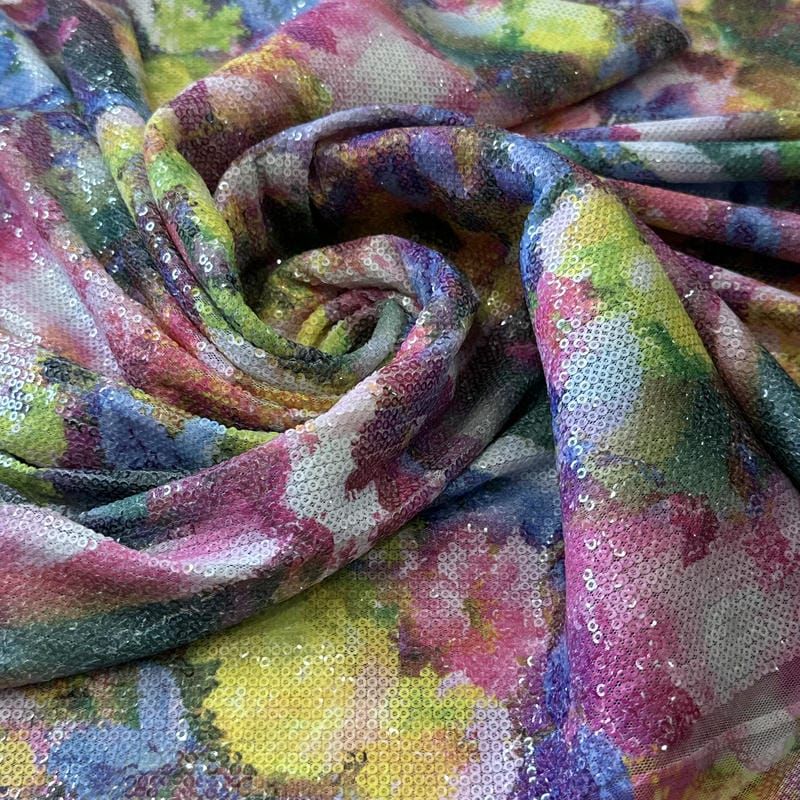 Tecido Paetê Estampado Floral Colorido • Conexão Tecidos