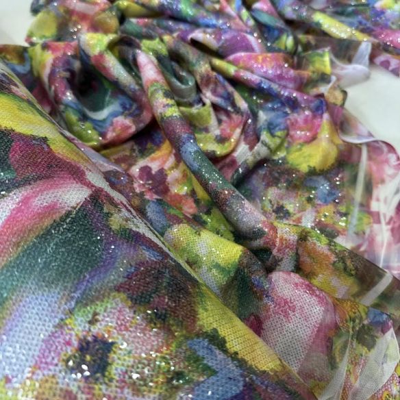 Tecido Paetê Estampado Floral Colorido • Conexão Tecidos