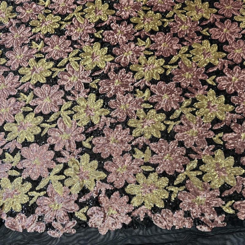 Tecido Paetê Estampado Floral Fundo Preto • Conexão Tecidos