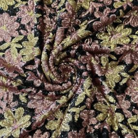 Tecido Paetê Estampado Floral Fundo Preto • Conexão Tecidos