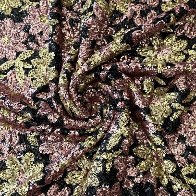 Tecido Paetê Estampado Floral Fundo Preto • Conexão Tecidos