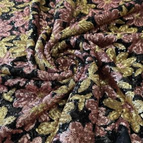 Tecido Paetê Estampado Floral Fundo Preto • Conexão Tecidos 2