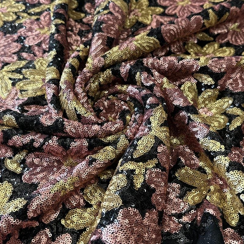 Tecido Paetê Estampado Floral Fundo Preto • Conexão Tecidos