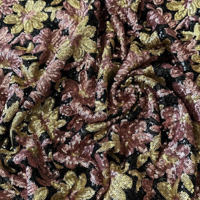 Tecido Paetê Estampado Floral Fundo Preto • Conexão Tecidos