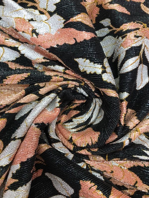 Tecido Malha Plissada Floral Lurex Noir • Conexão Tecidos
