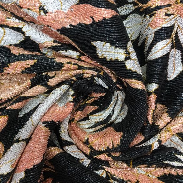 Tecido Malha Plissada Floral Lurex Noir • Conexão Tecidos