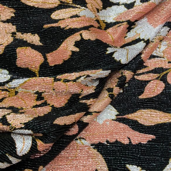 Tecido Malha Plissada Floral Lurex Noir • Conexão Tecidos
