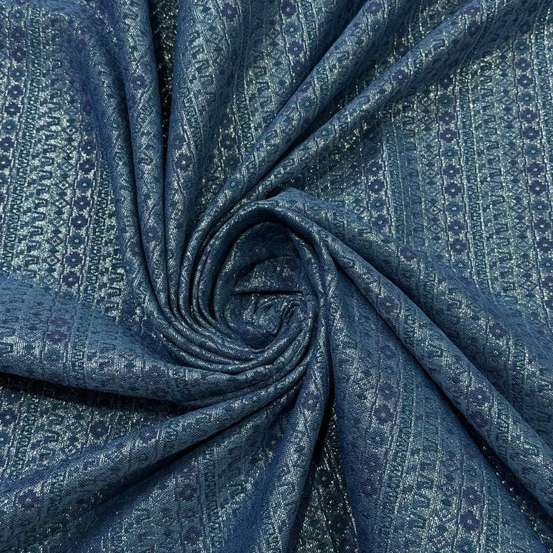 Tecido Jacquard Metalizado Geométrico Listrado Azul Petróleo e Prata