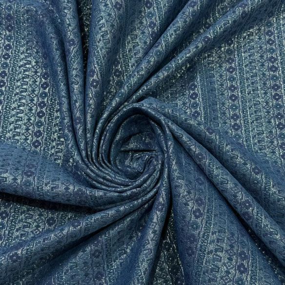 Tecido Jacquard Metalizado Geométrico Listrado Azul Petróleo e Prata