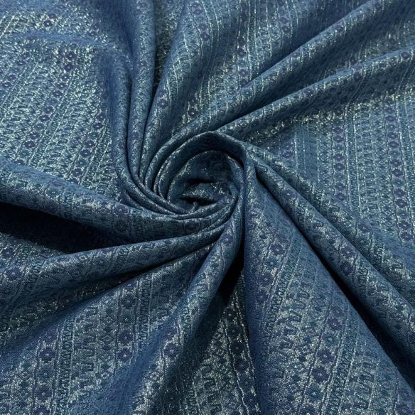 Tecido Jacquard Metalizado Geométrico Listrado Azul Petróleo e Prata