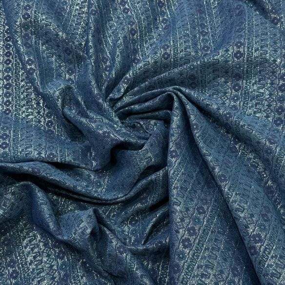 Tecido Jacquard Metalizado Geométrico Listrado Azul Petróleo e Prata