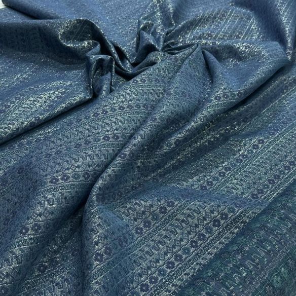 Tecido Jacquard Metalizado Geométrico Listrado Azul Petróleo e Prata