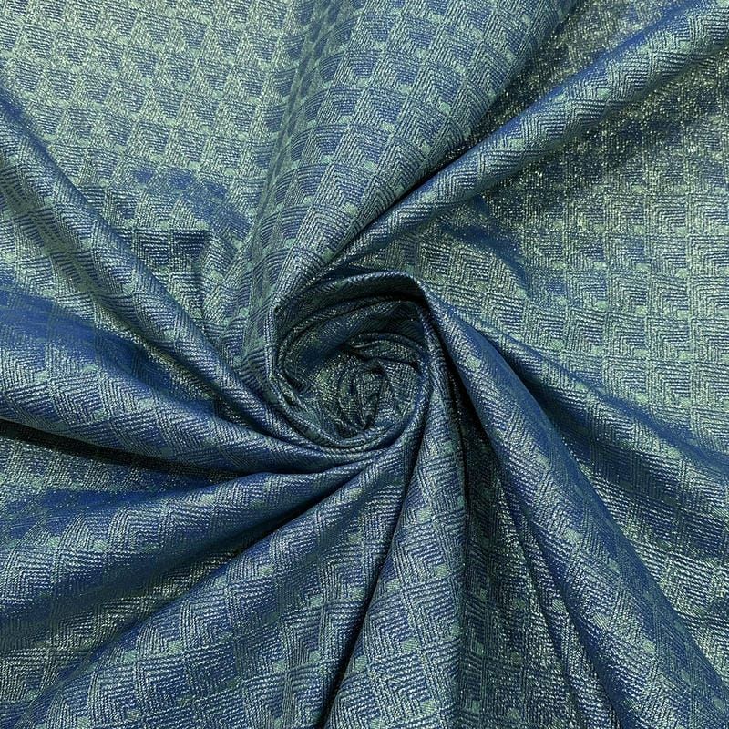 Tecido Jacquard Metalizado Geométrico Labirinto Azul Petróleo •