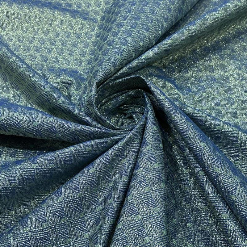 Tecido Jacquard Metalizado Geométrico Labirinto Azul Petróleo •