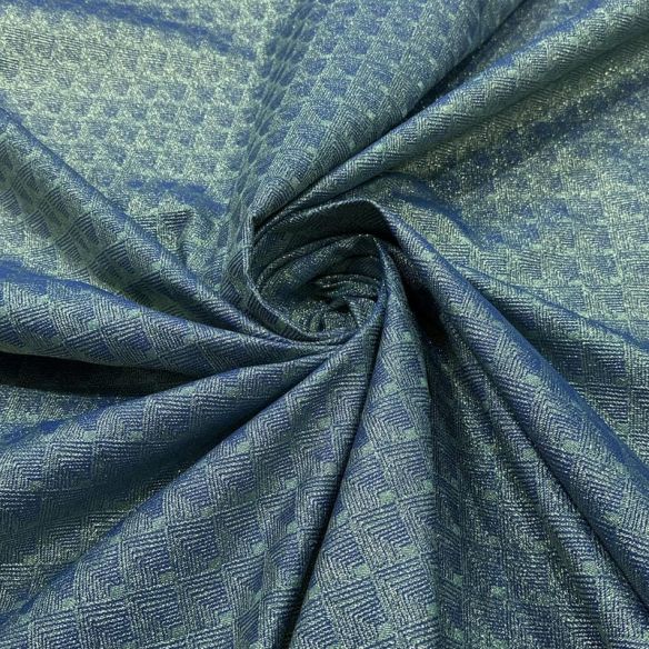 Tecido Jacquard Metalizado Geométrico Labirinto Azul Petróleo •