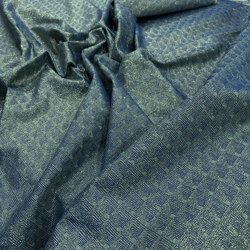 Tecido Jacquard Metalizado Geométrico Labirinto Azul Petróleo •