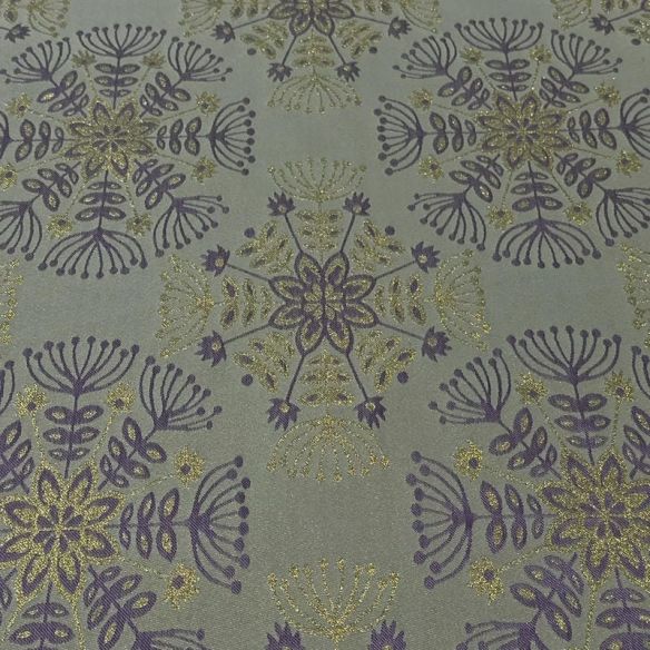 Tecido Jacquard Metalizado Floral Mandala Lilás e Dourado Fundo Cinza