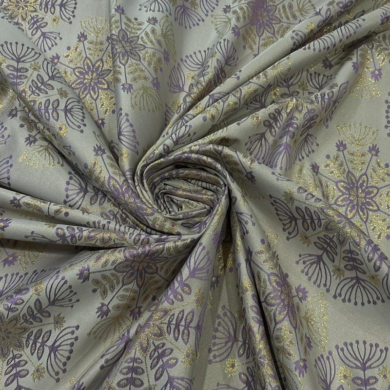 Tecido Jacquard Metalizado Floral Mandala Lilás e Dourado Fundo Cinza