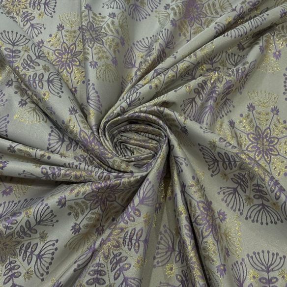 Tecido Jacquard Metalizado Floral Mandala Lilás e Dourado Fundo Cinza