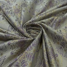 Tecido Jacquard Metalizado Floral Mandala Lilás e Dourado Fundo Cinza 2