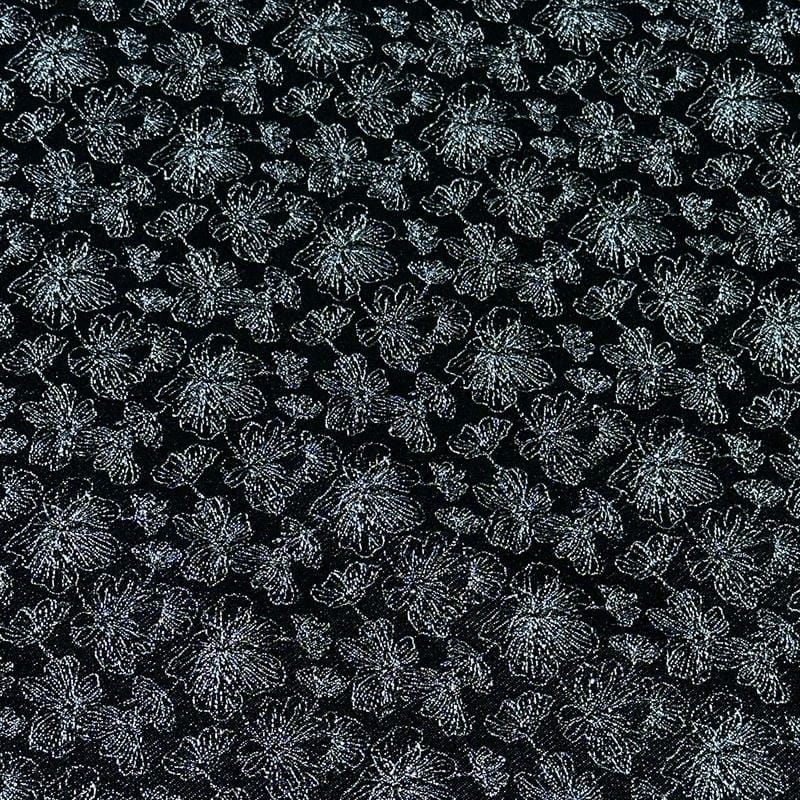 Tecido Jacquard Metalizado Floral Preto e Prata • Conexão Tecidos