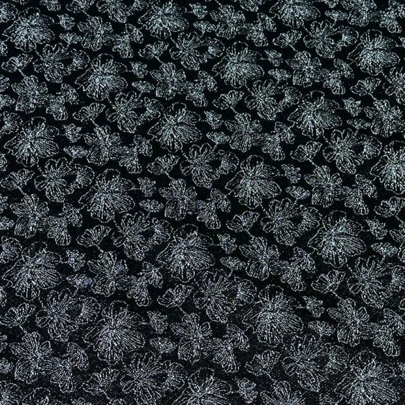Tecido Jacquard Metalizado Floral Preto e Prata • Conexão Tecidos