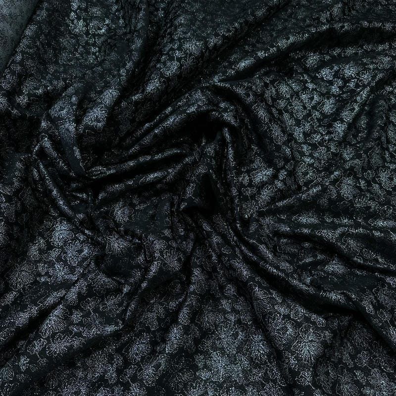 Tecido Jacquard Metalizado Floral Preto e Prata • Conexão Tecidos
