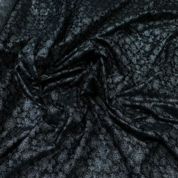 Tecido Jacquard Metalizado Floral Preto e Prata • Conexão Tecidos