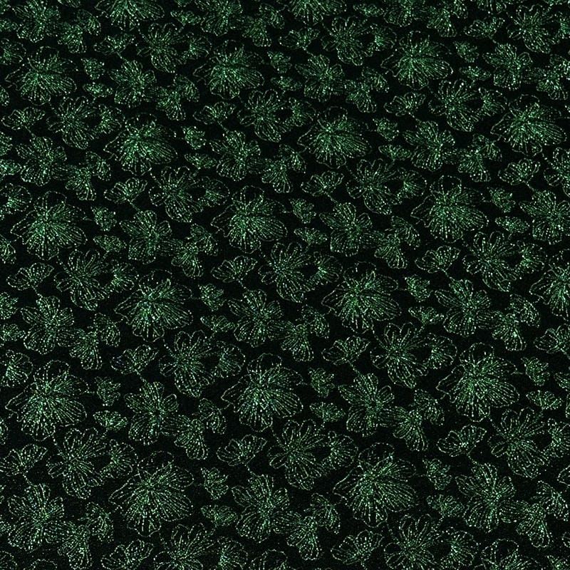 Tecido Jacquard Metalizado Floral Preto e Verde Esmeralda • Conexão