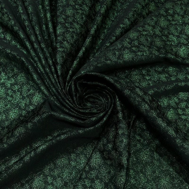 Tecido Jacquard Metalizado Floral Preto e Verde Esmeralda • Conexão