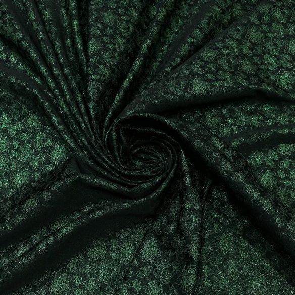 Tecido Jacquard Metalizado Floral Preto e Verde Esmeralda • Conexão