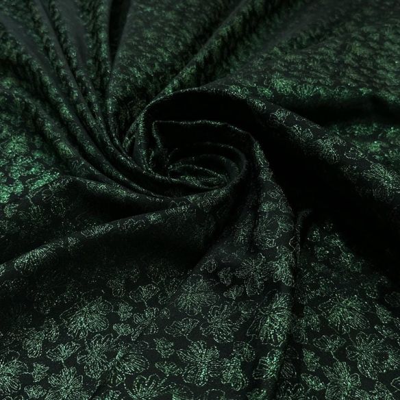 Tecido Jacquard Metalizado Floral Preto e Verde Esmeralda Dupla Face