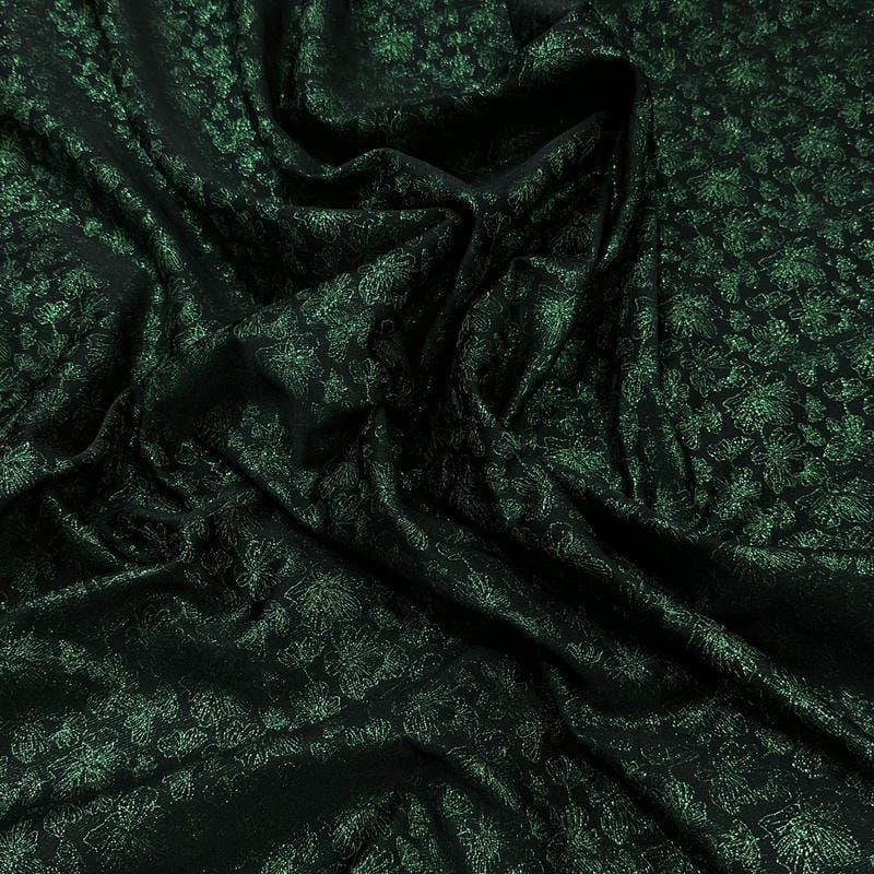 Tecido Jacquard Metalizado Floral Preto e Verde Esmeralda • Conexão