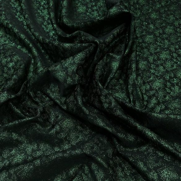 Tecido Jacquard Metalizado Floral Preto e Verde Esmeralda Dupla Face