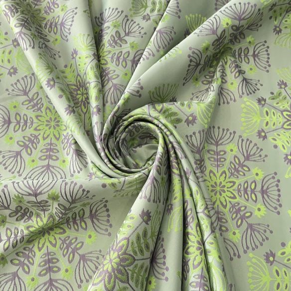 Tecido Jacquard Metalizado Floral Mandala Verde Lima e Lilás Fundo