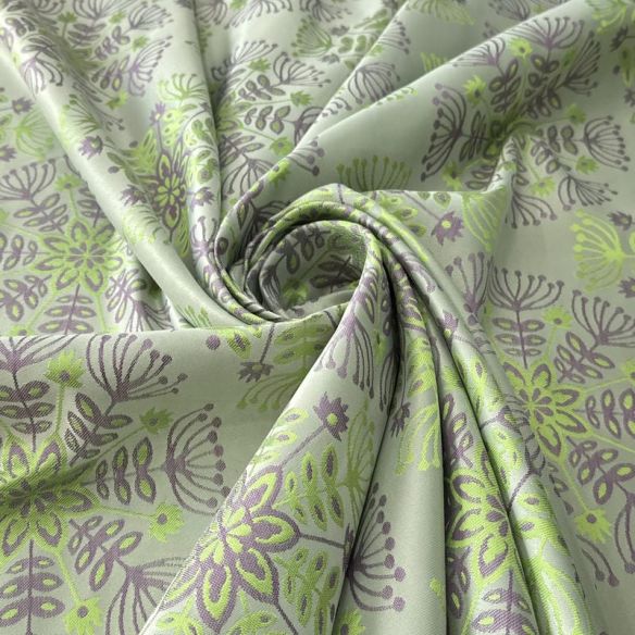 Tecido Jacquard Metalizado Floral Mandala Verde Lima e Lilás Fundo