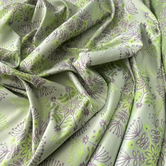 Tecido Jacquard Metalizado Floral Mandala Verde Lima e Lilás Fundo